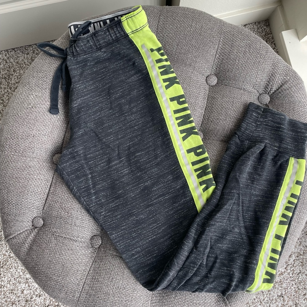 Pink sweats, size small, and color grey and neon green.